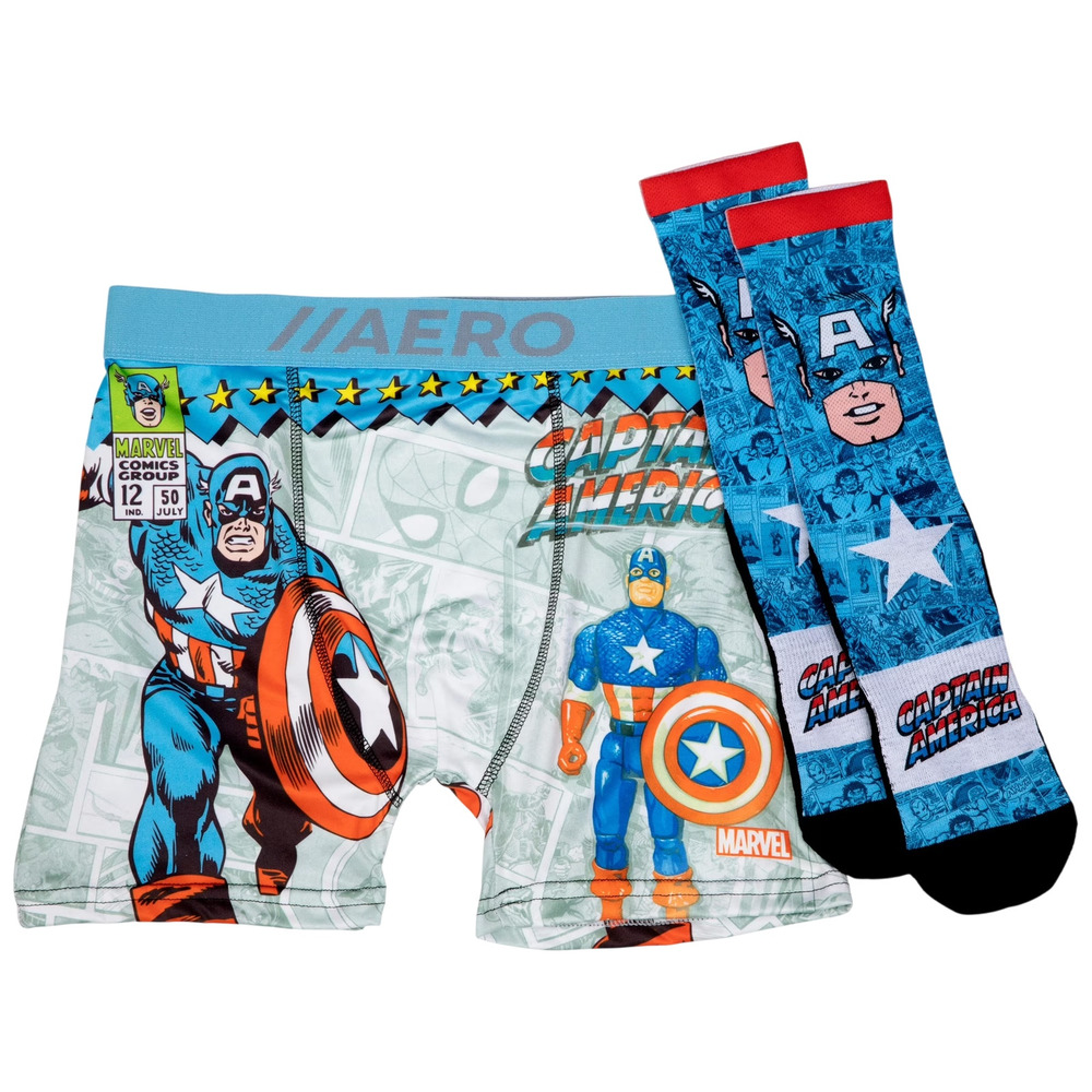 Marvel Captain America Men's Retro 2PC Boxer Briefs Sock Set Aeropostale Large